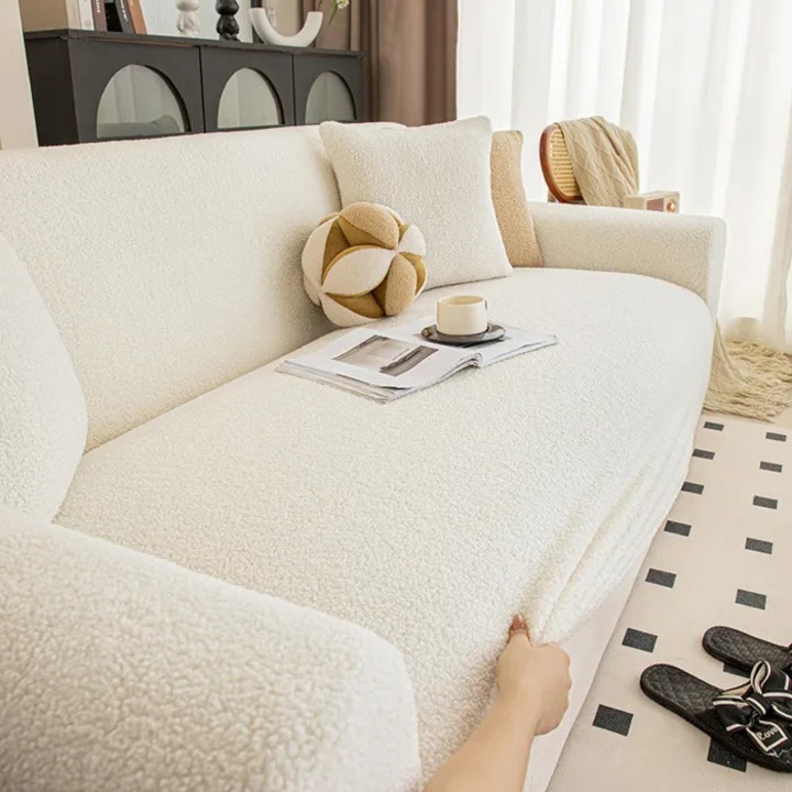 Husa canapea 1 loc, material teddy elastic, bej deschis, 90x140cm