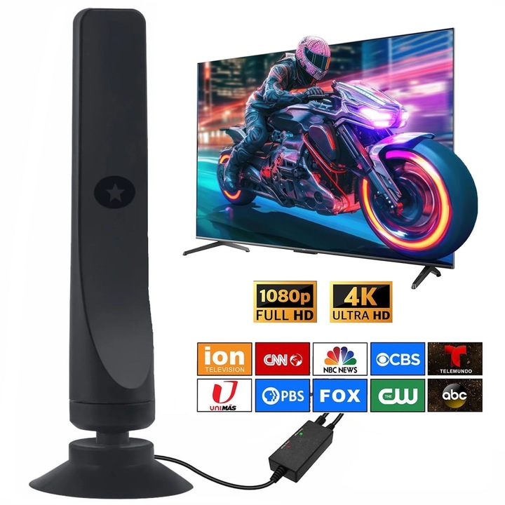 Antena digitala TV portabila, semnal amplificat, 16.4ft cablu coaxial, negru