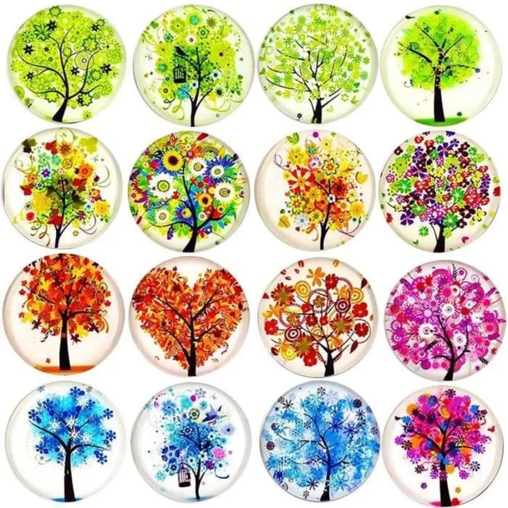 Set 16 magneti decorativi copacul vietii, sticla cristal rotunda, multicolor