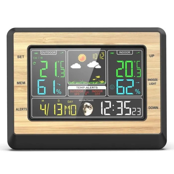 Statie meteo wireless, ecran color, lemn, temperatura si umiditate