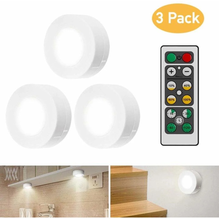 Set 3 lumini LED pentru dulap YANYXR, telecomanda, alb, 5.8x5.8x3.2cm