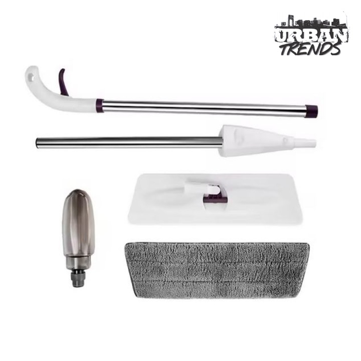 Mop Plat cu Pulverizator URBAN TRENDS®, Rezervor 350 ml, Cap Rotativ 360°, Laveta Microfibra Reutilizabila, Maner 125 cm, Pentru Parchet, Gresie si Laminat, Alb