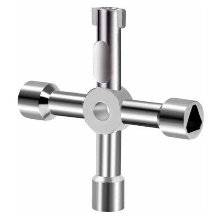 Cheie multifunctionala 4 cai, zinc, argintiu, 7.2x7.2x1.3cm