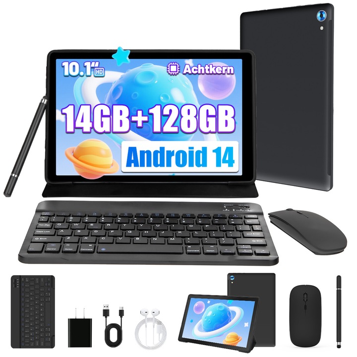 Tableta TT.KIDS C108, ecran 10,1 inchi, Android 15, 14GB RAM + 128GB ROM, extensibila pana la 1TB cu card TF,5000mAh,5MP + 8MP, set complet negru cu tastatura, mouse, stylus, husa de protectie