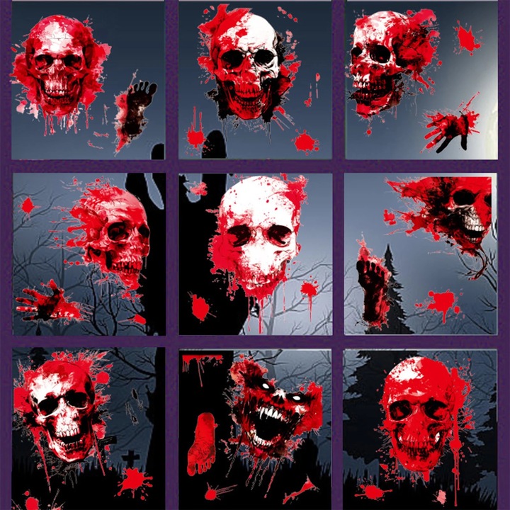 9 db Halloween matrica szett, piros csontvázak, 30x20cm, PVC, kétoldalas
