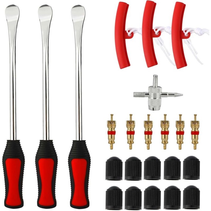 Set leviere roti, 3 piese, protectii janta, accesorii valve, negre-rosii, 29.5x15cm