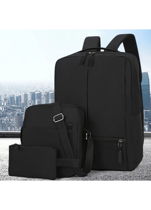 Rucsac YANYXR set 3 piese, USB, capacitate mare, negru, 41x30x12cm