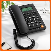 Telefon fix cu fir, Omelivon®, Telefon audio vintage, Telefon de Birou Clasic dotat cu Alarma, DTMF/FSK, Protectie anti-furt, Functionalitate IP, Volum Reglabil si Lumina LCD Reglabila,3 setari diferite pentru alarma, pentru Hotel, Birou, Receptie, Negru