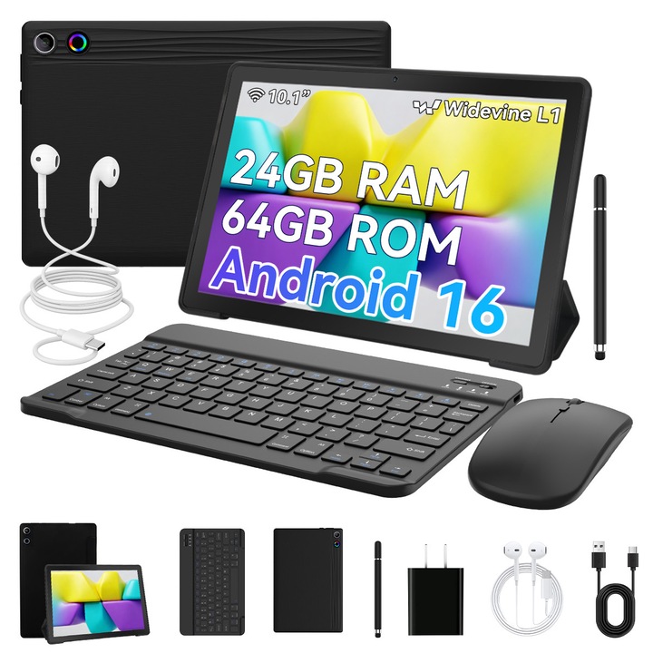 Tableta TT.KIDS KB10L cu Android 16, ecran 10,1 inchi, set 2-in-1 inclus tastatura, mouse wireless, stylus si husa din piele, 64 GB spatiu de stocare, tableta portabila potrivita elevi si afaceri