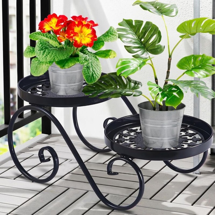 Suport plante metalic, 2 niveluri, negru, 50x30x70cm, rezistent la rugina, interior-exterior