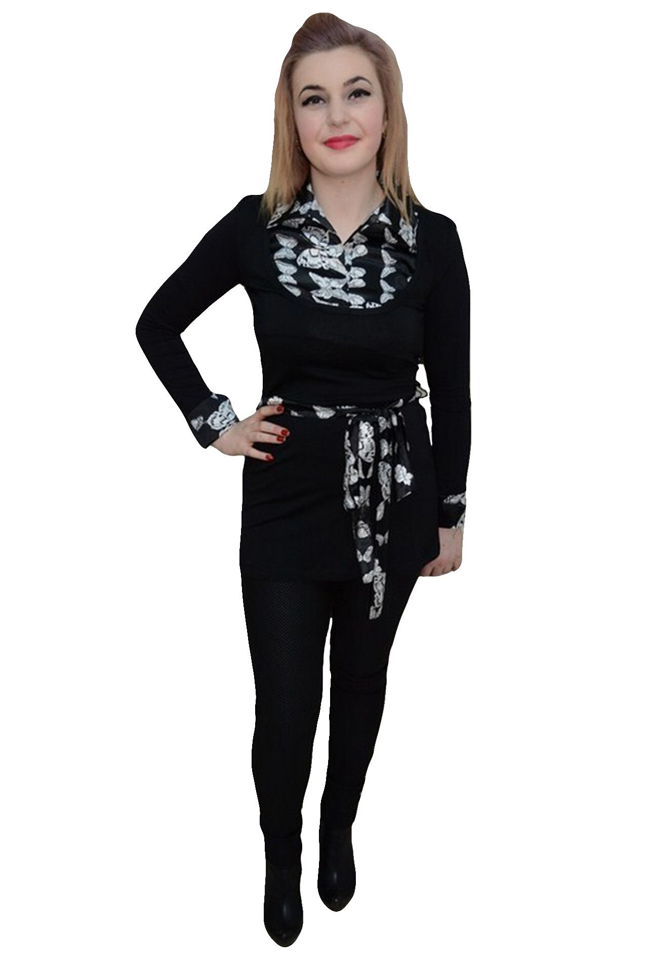 Bluza cu design de fluturi aplicati,D&J Exclusive, Negru/Alb