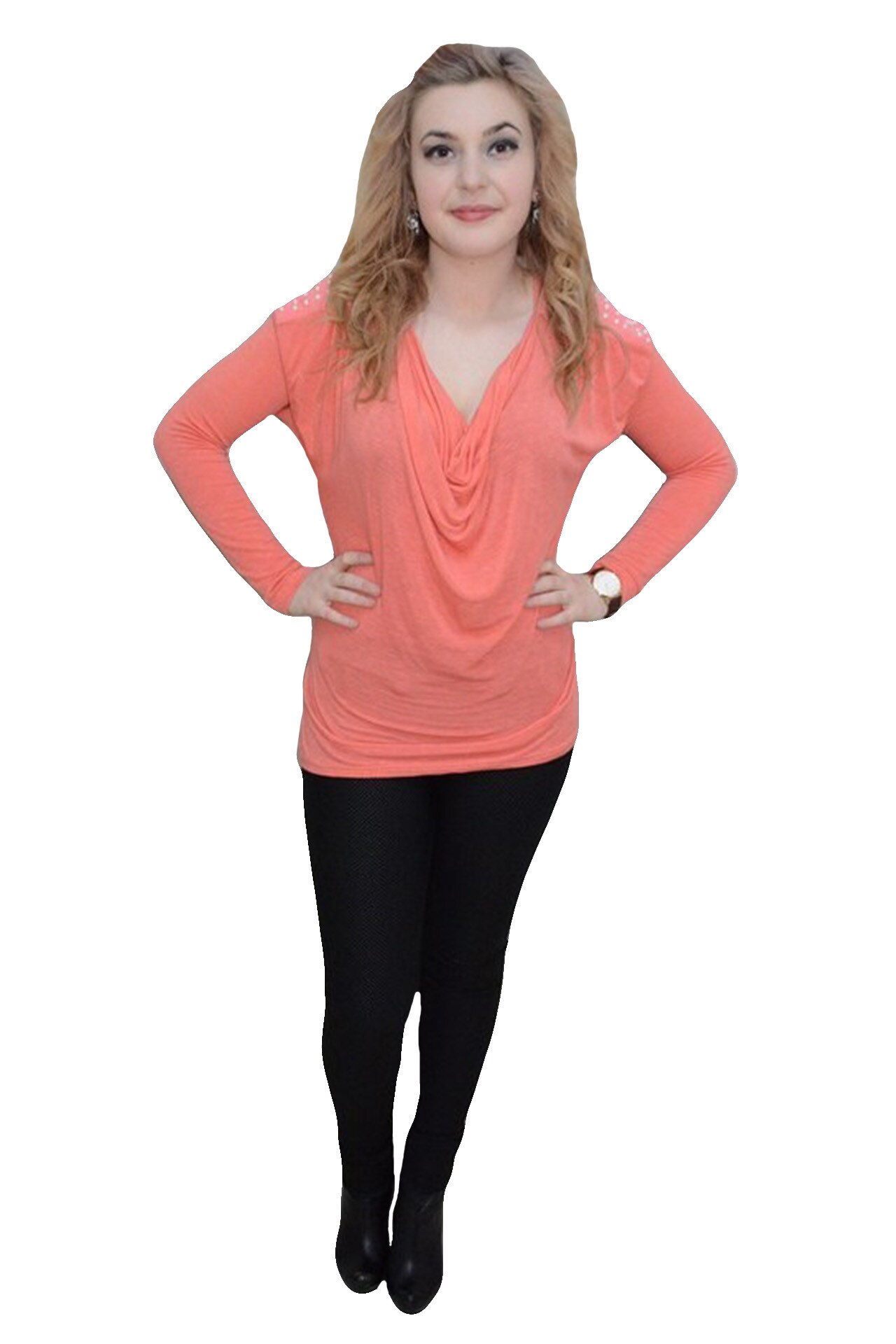 Bluza chic, decolteu tip cascada, margele la umeri,D&J Exclusive,, Corai