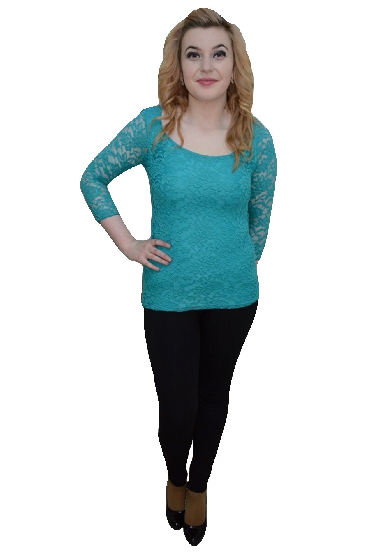 Bluza rafinata din dantela cu maneca lunga,D&J Exclusive, Turcoaz