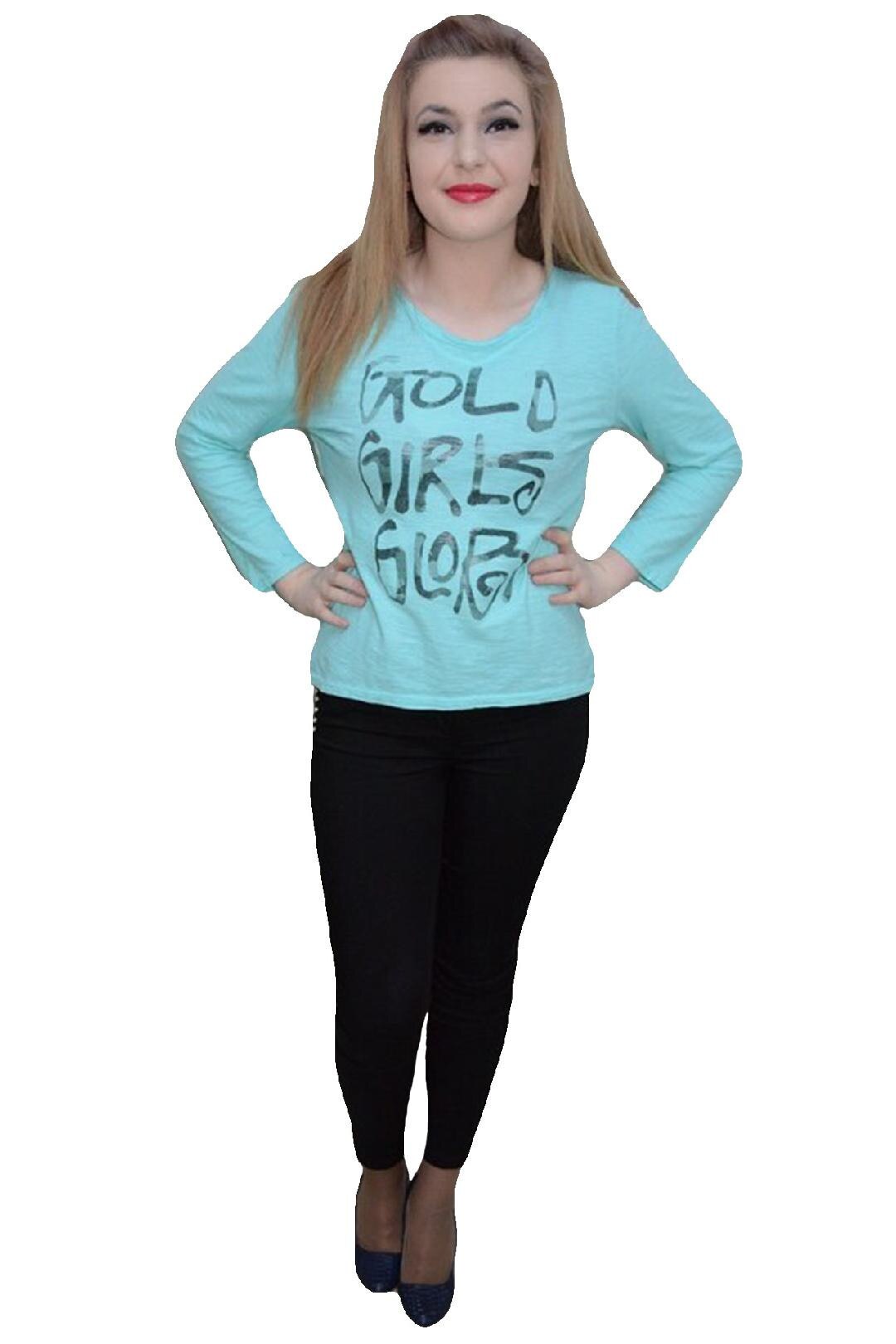 Tricou cu design grafic aplicat, decolteu rotund,D&J Exclusive, Turcoaz