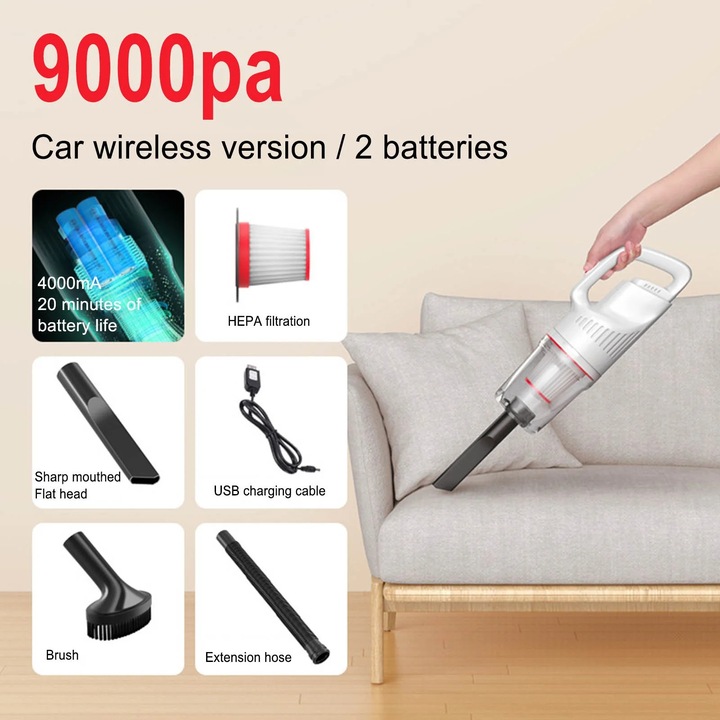 YANYXR BCS3070420 vezeték nélküli álló porszívó, 2 az 1-ben felmosó/porszívó, 9000 Pa, 120W, 4000 mAh (2x2000 mAh), HEPA szűrő, fehér