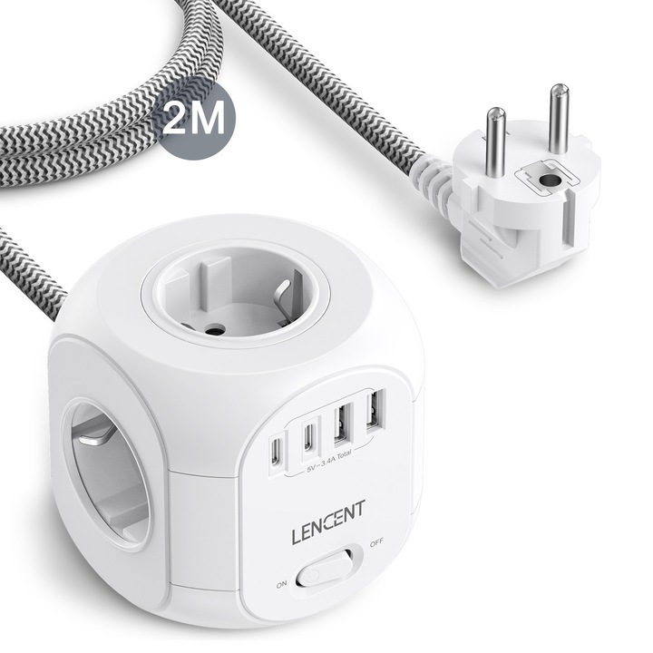 Разклонител Multipriza с USB LENCENT®, 8-в-1 Куб Електрически удължител с независим прекъсвач, 4 Schuko+2 Type-C+2 USB-A, 2м плетен кабел, Защита от пренапрежение и деца Макс 2500W
