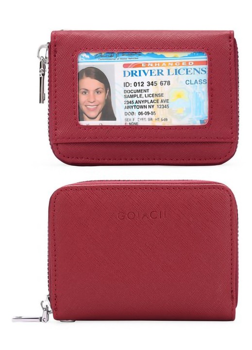 Поставка за кредитни карти за мъже и жени, RFID защита, ключодържател, калъф с цип, тъмночервен, компактен, класически