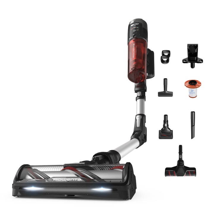 Kézi vezeték nélküli porszívó Rowenta X-Force Flex 13.60 Complete Animal RH9A93E0, 150 air watts, LED világítás, flexibilis cső, boost funkció, porzsák űrtartalma 0.65L, piros és ezüst