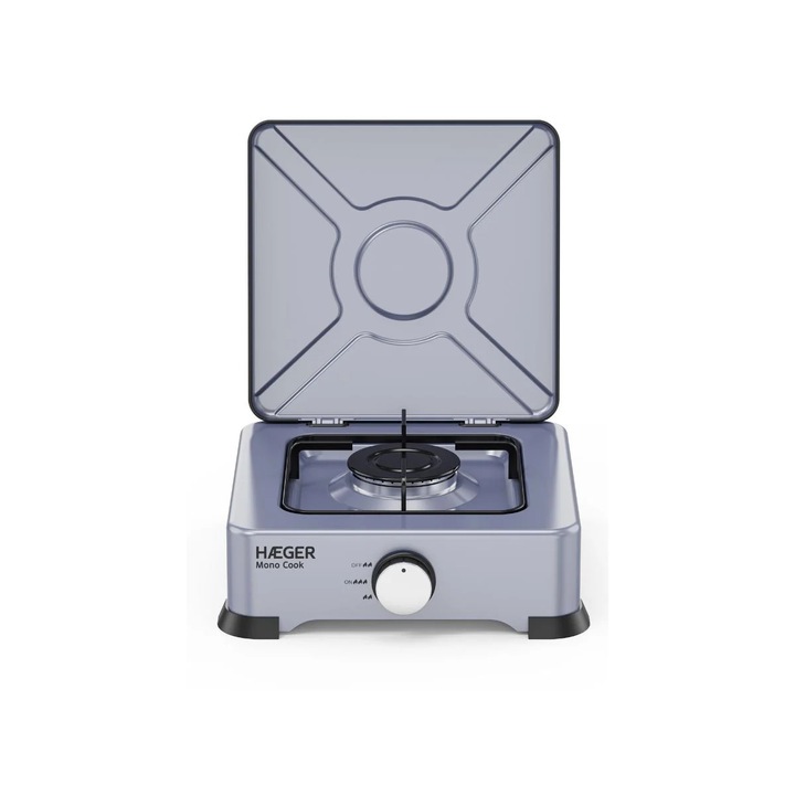 Aragaz portabil cu 1 arzator HAEGER MONO COOK, anticoroziv, aluminiu, Suprafata emailata usor de curatat, Manere decorative inox, Argintiu 1 arzator