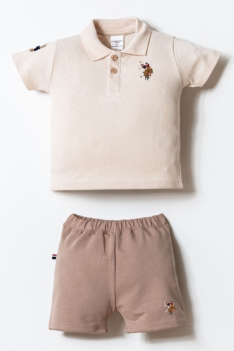 U.S. Polo Assn., Set de tricou polo uni si pantaloni scurti, Bej/Maro deschis