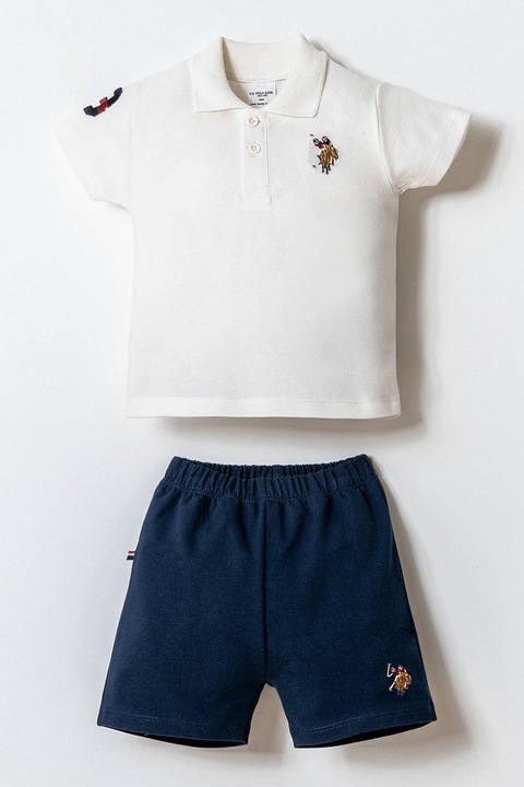 U.S. Polo Assn., Set de tricou polo si pantaloni scurti cu broderie monograma - 2 piese, Alb murdar/Bleumarin