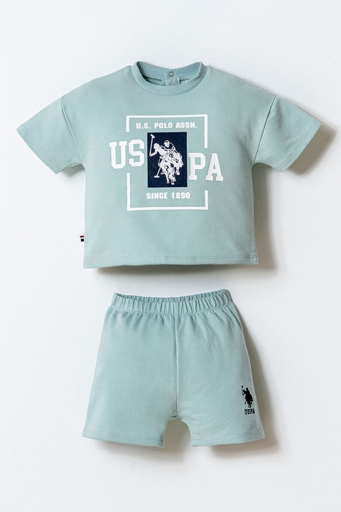 U.S. Polo Assn., Set de tricou si pantaloni scurti cu imprimeu logo, Alb/Gri cenusiu