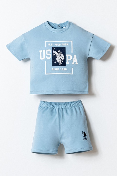 U.S. Polo Assn., Set de tricou si pantaloni scurti cu imprimeu logo, Alb/Albastru azur