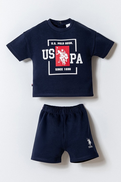 U.S. Polo Assn., Set de tricou si pantaloni scurti cu imprimeu logo, Alb/Albastru ultramarin