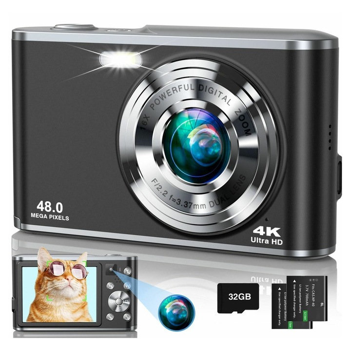 Kompakt digitális fényképezőgép 4K, 48MP, dupla előlapi és hátlapi, fekete, 32GB, 16X zoom