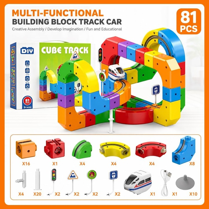 Комплект електрически влак 3D трасе Dnntunk, 81 части, DIY Clip-Fit система за изграждане, Железопътен магнетизъм, Комплект за изграждане на влак със склонове, Примка, Мостове и творчески трасета, STEM образователна играчка, Многоцветен