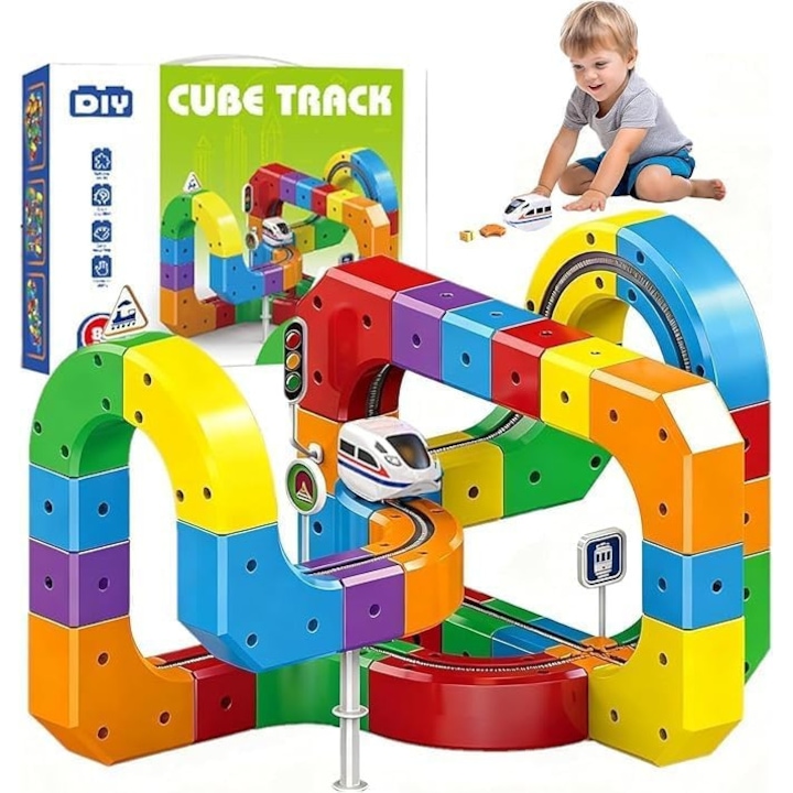 Комплект електрически влак 3D трасе Dnntunk, 81 части, DIY Clip-Fit система за изграждане, Железопътен магнетизъм, Комплект за изграждане на влак със склонове, Примка, Мостове и творчески трасета, STEM образователна играчка, Многоцветен