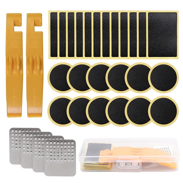 Set reparare anvelope bicicleta, petice si leviere, 13.3x7.5x2.4cm, negru