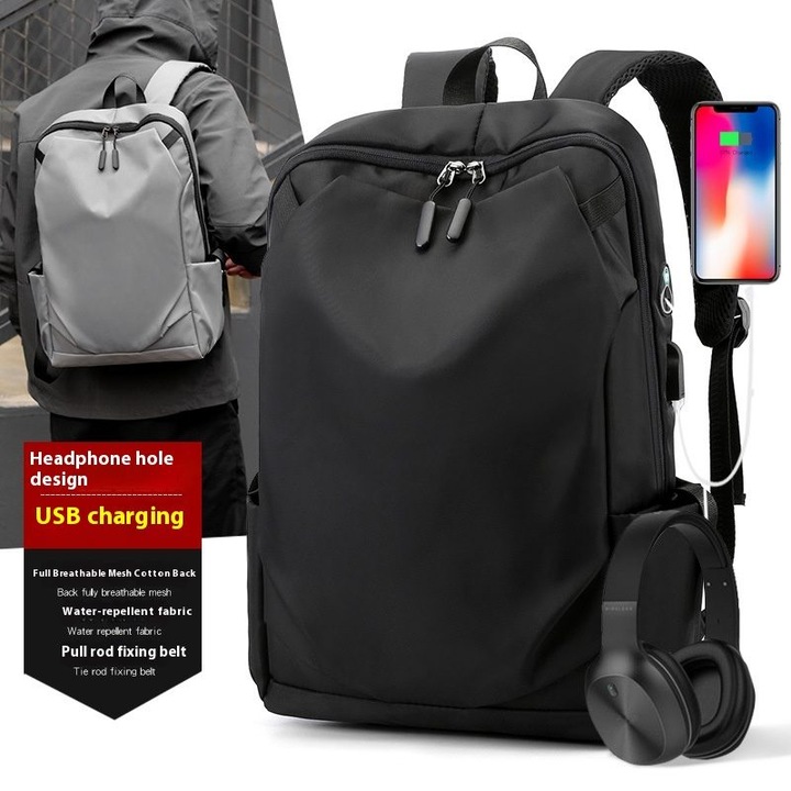 Rucsac unisex, rezistent la apa, USB, 45x30x14cm, negru, capacitate mare, usor