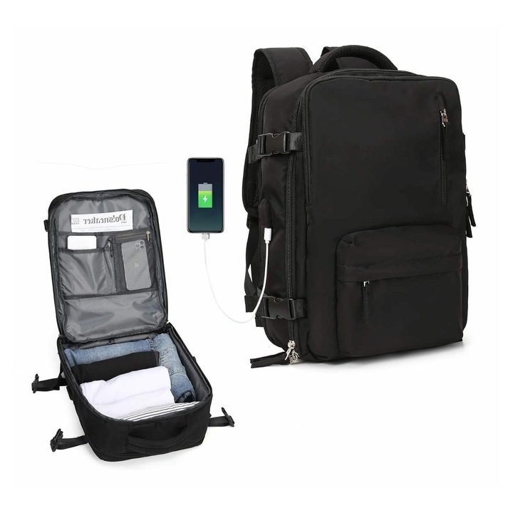 Rucsac de calatorie, negru, compartiment pentru laptop 14 inch, port USB, compartiment pentru incaltaminte