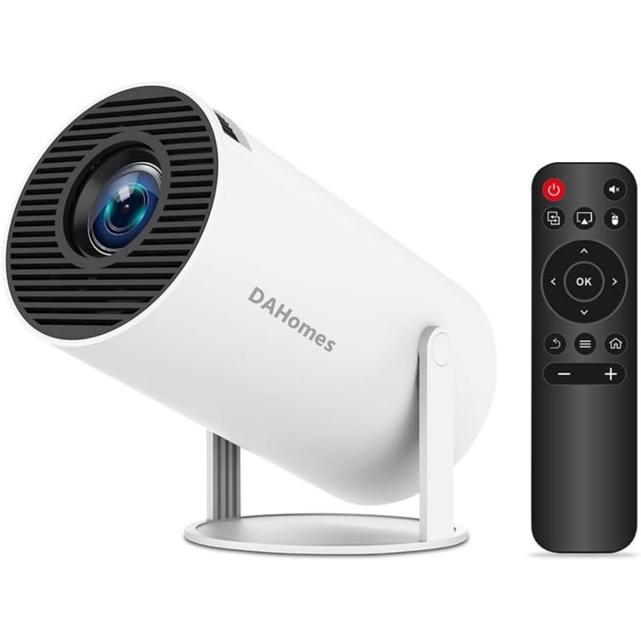 Videoproiector Portabil DAHomes, Full HD 1080P, WiFi 5G, Bluetooth 5.0, Rotire 180°, Telecomanda Inclusa, Compatibil Android, iPhone, Laptop si TV Box, Alb