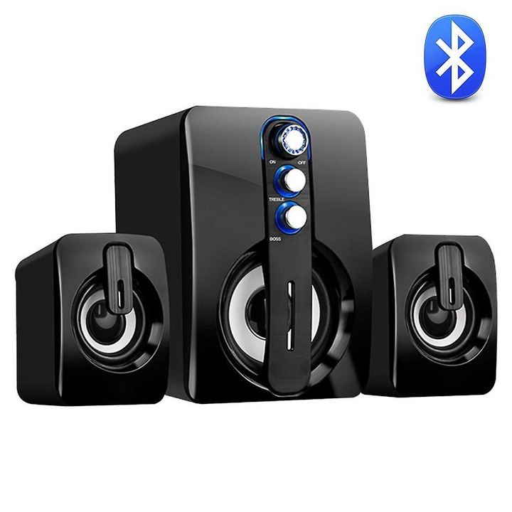 Difuzoare PC Bluetooth K0369-0715-EMAG-WG140019, sistem 2.1, putere 10W (5W subwoofer + 2x2.5W), intrare AUX 3.5mm, alimentare USB, negru, set 3 piese