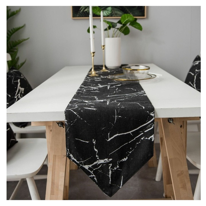 Asztali futó pamut és len keverékből, márványos mintával, fekete/fehér, 30 x 200 cm