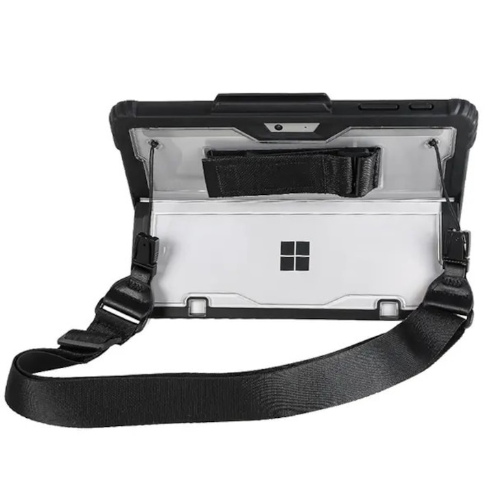 Husa de protectie pentru Microsoft Surface Pro 4/5/6/7/7+, TPU + acril, transparenta cu margini negre, stand incorporat si curea de umar, 26 x 19,2 x 1,9 cm