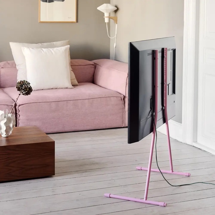 Univerzális TV állvány, Pedestal típus, Viva, 32"-70" (81-177 cm) képátlóhoz, maximális terhelhetőség 50 kg, csúszásmentes lábak, könnyen összeszerelhető, szatén rozsdamentes acél, skandináv design, rózsaszín