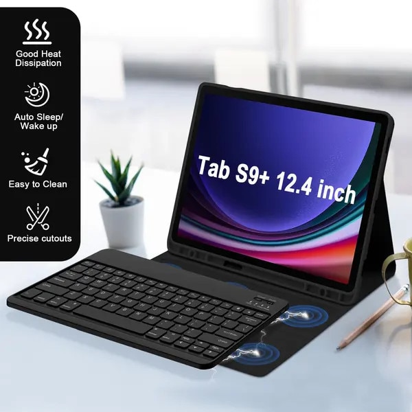 Husa cu tastatura Bluetooth VITERRA.4-25CDCJ-K0232-260829-755, compatibila cu Samsung Galaxy Tab S9+/S9 Plus/S8+/S8 Plus/S7+/S7 Plus/S7 FE 5G 12.4, tastatura iluminata RGB cu touchpad, TPU siliconic, negru, baterie 280mAh (~40 h)