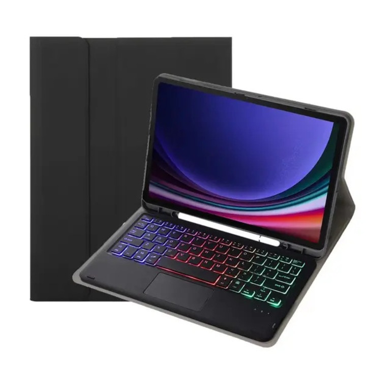 Husa cu tastatura Bluetooth VITERRA.4-25CDCJ-K0232-260829-755, compatibila cu Samsung Galaxy Tab S9+/S9 Plus/S8+/S8 Plus/S7+/S7 Plus/S7 FE 5G 12.4, tastatura iluminata RGB cu touchpad, TPU siliconic, negru, baterie 280mAh (~40 h)