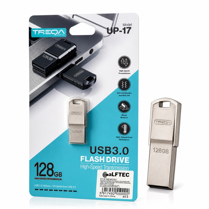 Stick USB TREQA 128GB, Stick USB 3.0 Metalic, Memorie Flash Drive de Mare Viteza, Transfer Rapid Fisiere, Compatibil Windows, Mac, Linux, Laptop, Desktop, Smart TV