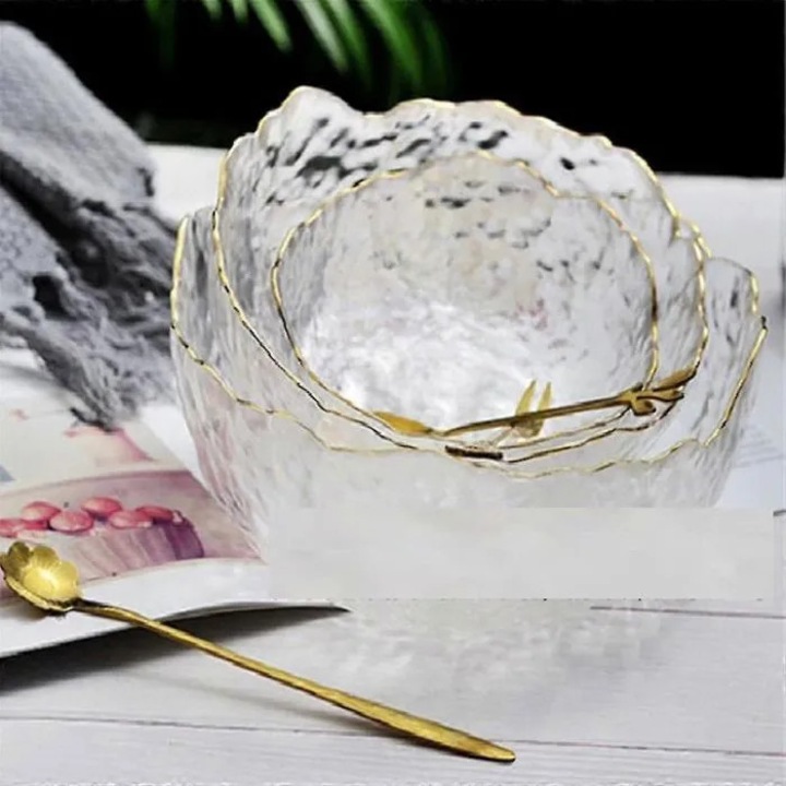 Set 3 boluri salata sticla transparenta margine aurie 20x9cm 16.5x8cm 13x6.5cm