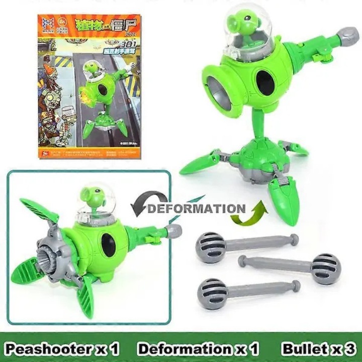 Figurina transformabila Peashooter Plants vs. Zombies, asamblabila 3 in 1, PVC, verde, set cu 3 proiectile