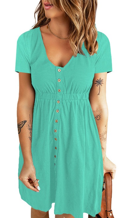 Rochie casual verde cu nasturi si decolteu in V din poliester, XXL INTL