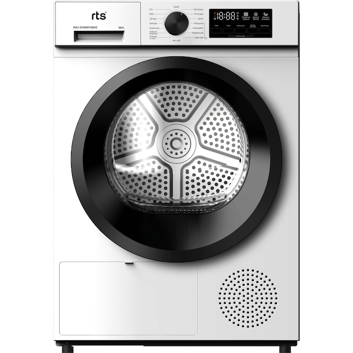 Uscator rufe automat, Candy Smart CSE H8ELE-S, pompa de caldura, 8 kg, clasa E, latime 60 cm, Easy Case, Dry Sensor, program Refresh, optiune pornire intarziata, alb