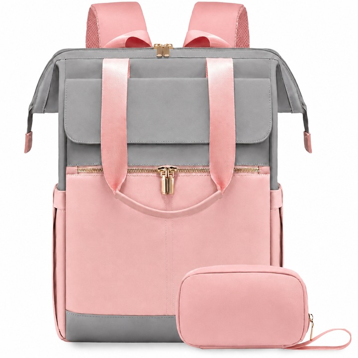 Rucsac Laptop Dama, zezoketay®, Geanta de machiaj, Port USB, 15.6″, Curea de Umar Reglabila, 4 Compartimente Interioare, Rezistent la Apa, Nailon, roz si gri