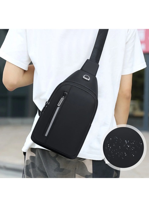 Geanta Sling YANYXR, negru, 30x17x5.5cm, cu orificiu pentru casti
