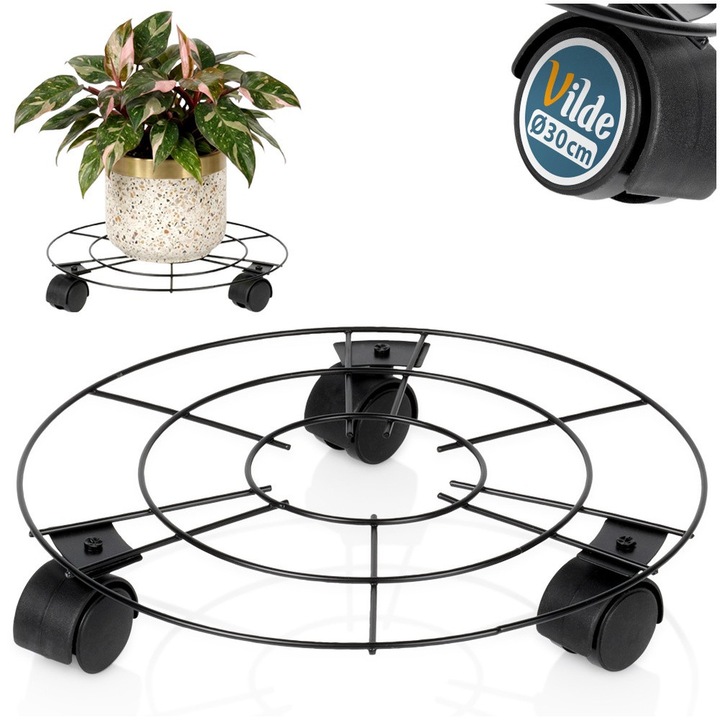 Suport Ghiveci Cu Roti, Vilde, Rotund, 30x5.5 cm, Negru, Metal, Baza Mobila Pentru Mutare Usoara Plante Si Flori, Sarcina Maxima 25 kg, Protectie Podea Impotriva Zgarieturilor, Utilizare In Casa Balcon Si Terasa, Design Durabil