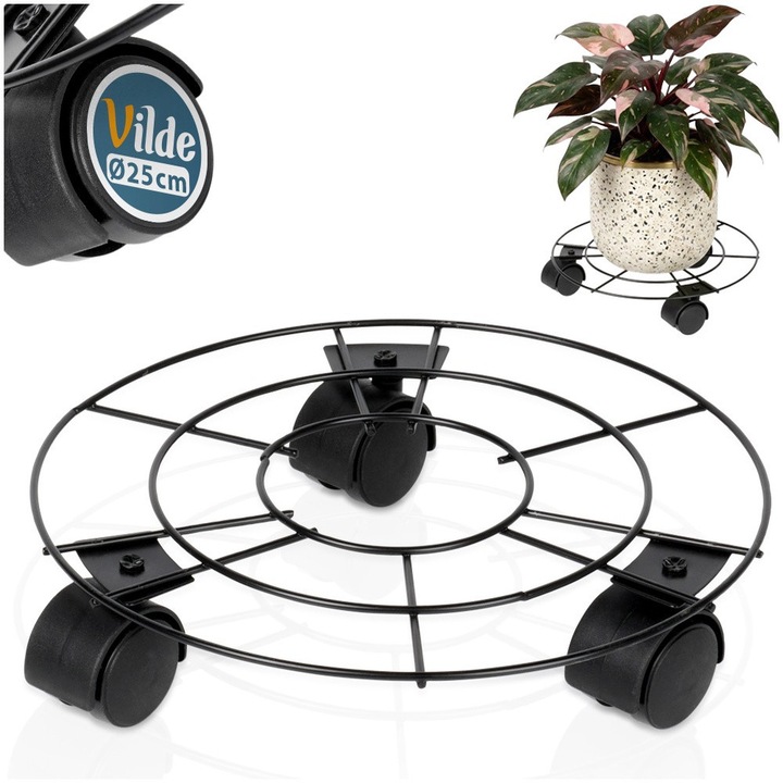 Suport Ghiveci Cu Roti, Vilde, Rotund, 25x5.5 cm, Negru, Metal, Baza Mobila Pentru Mutare Usoara Plante Si Flori, Sarcina Maxima 20 kg, Protectie Podea Impotriva Zgarieturilor, Utilizare In Casa Balcon Si Terasa, Design Durabil